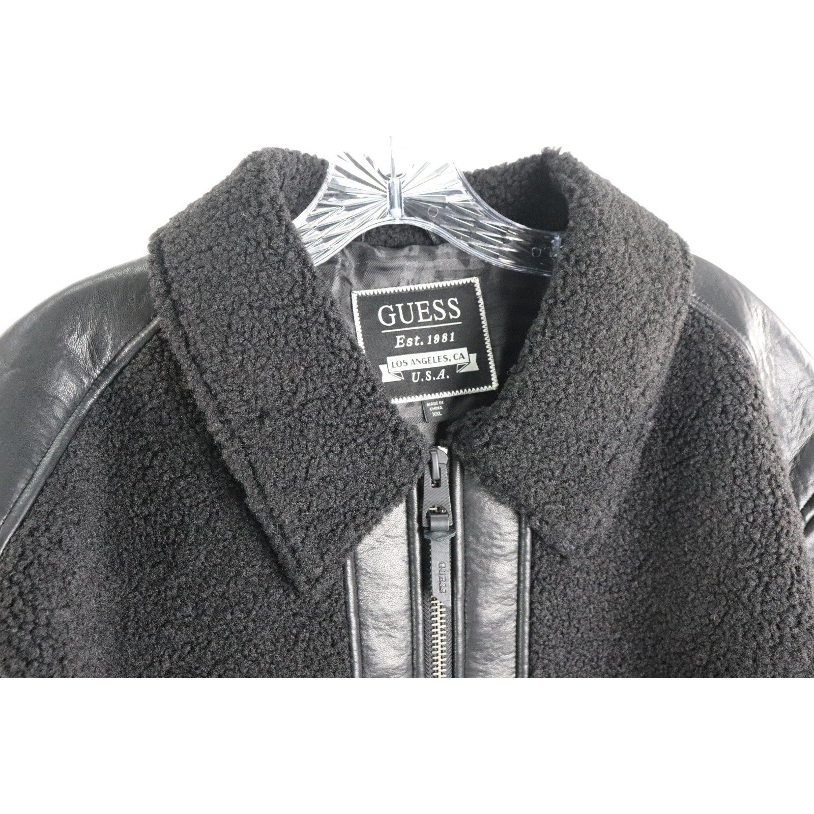 GUESS Mens Ren Bonded Faux Sherpa Jacket, Jet Black Multi, XXL