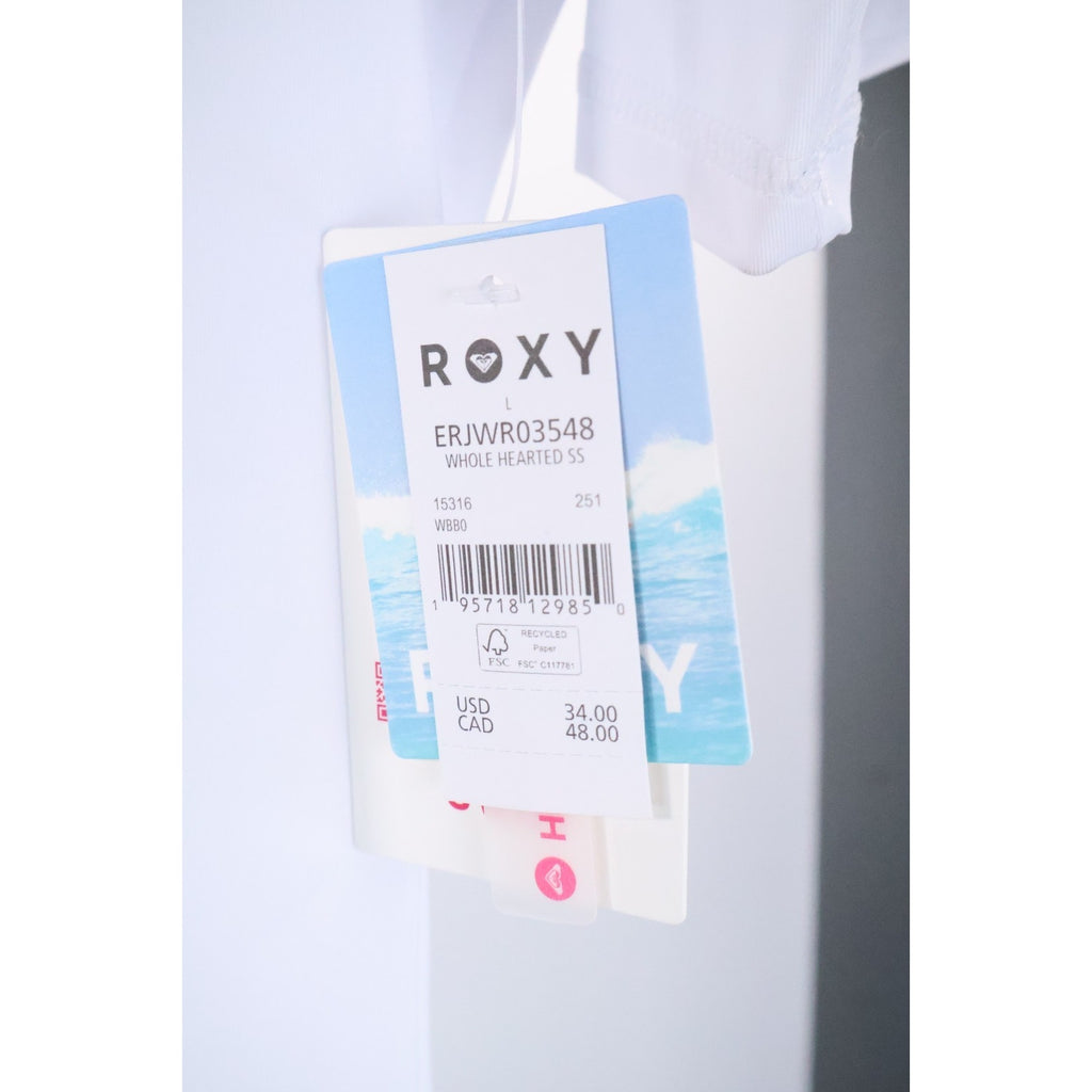 Roxy Whole Hearted White SS Women's Large Rashguard UPF 50+ Fitted Quick Dry
