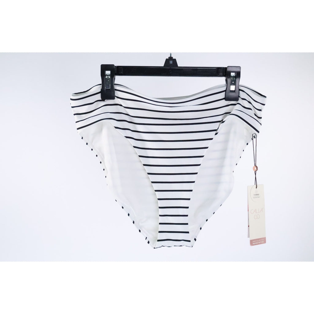 CALIA Womens Mid Rise Wide Banded Bikini Bottom High Leg Coastal Stripe White M