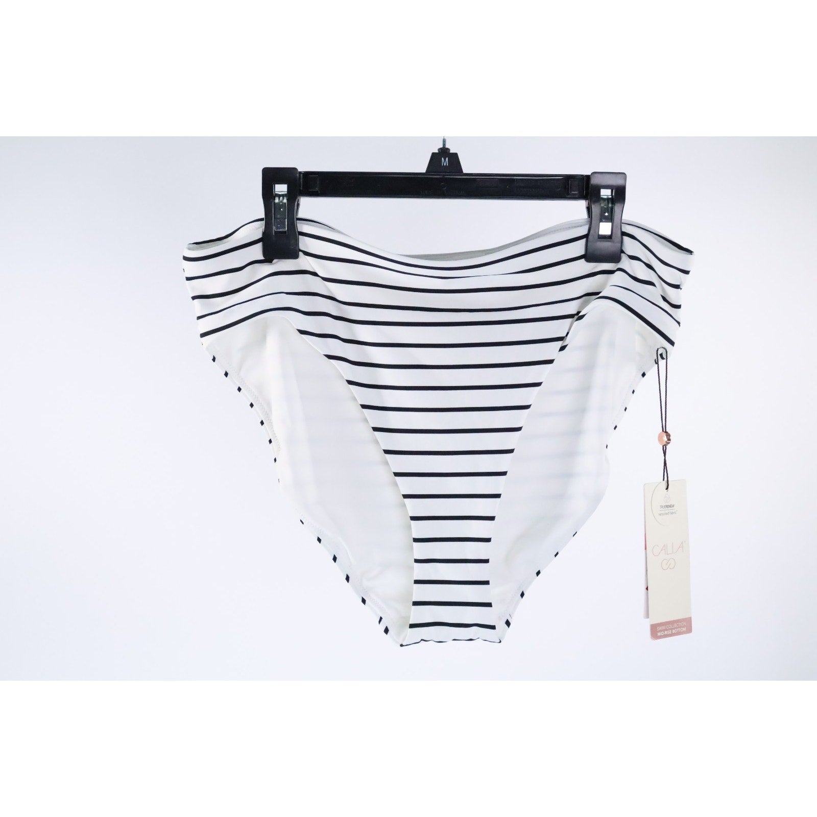 CALIA Womens Mid Rise Wide Banded Bikini Bottom High Leg Coastal Stripe White M