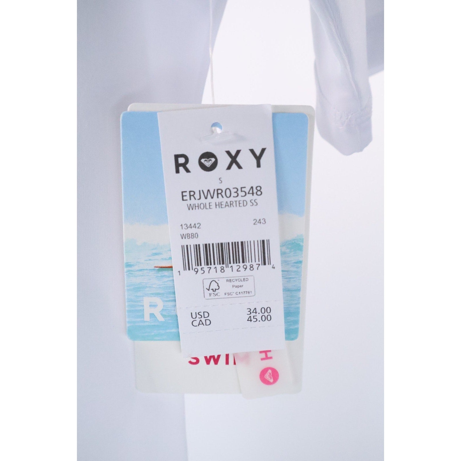 Roxy Whole Hearted White SS Women's Small Rashguard UPF 50+ Fitted Quick Dry
