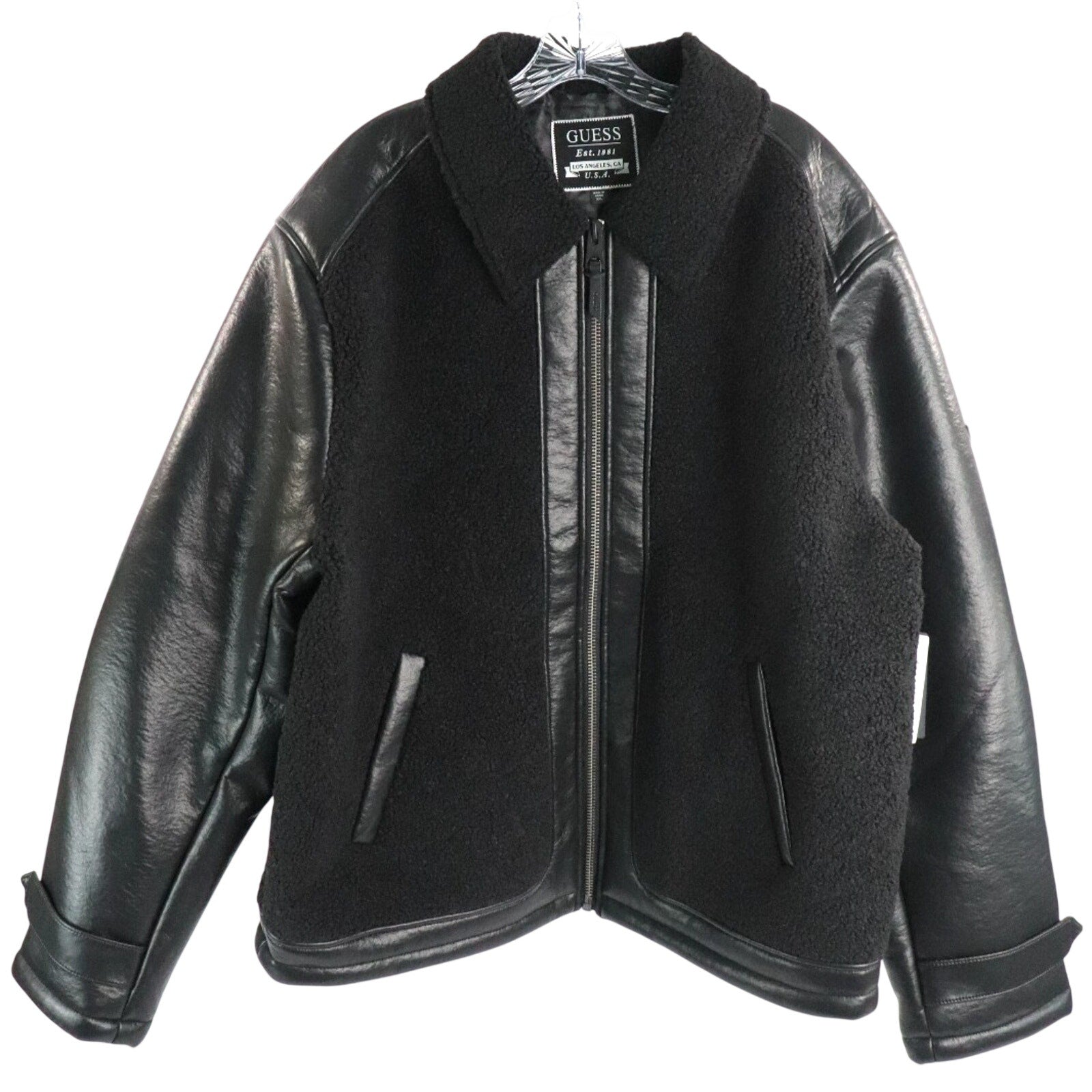 GUESS Mens Ren Bonded Faux Sherpa Jacket, Jet Black Multi, XXL