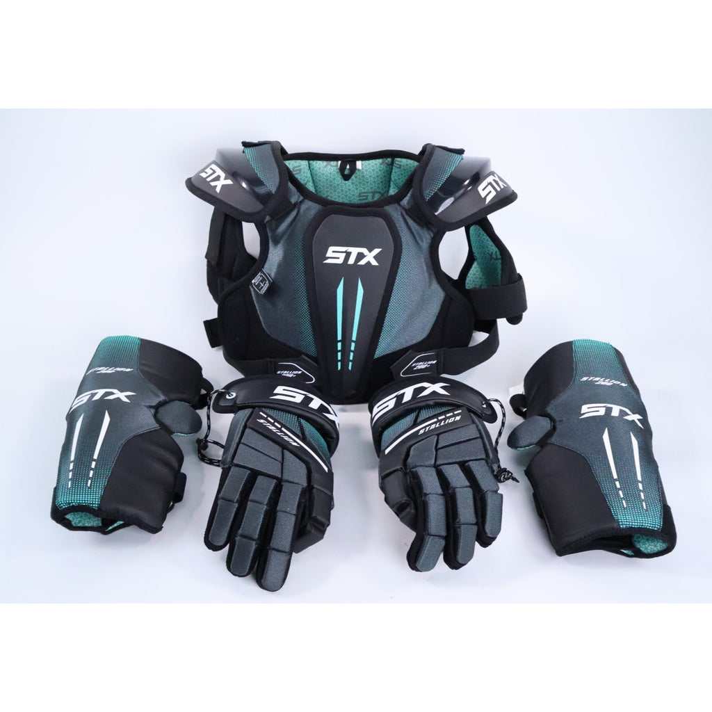 STX Stallion 200 Lacrosse Shoulder + ArmPads, Gloves Set Excellent Youth LG Read