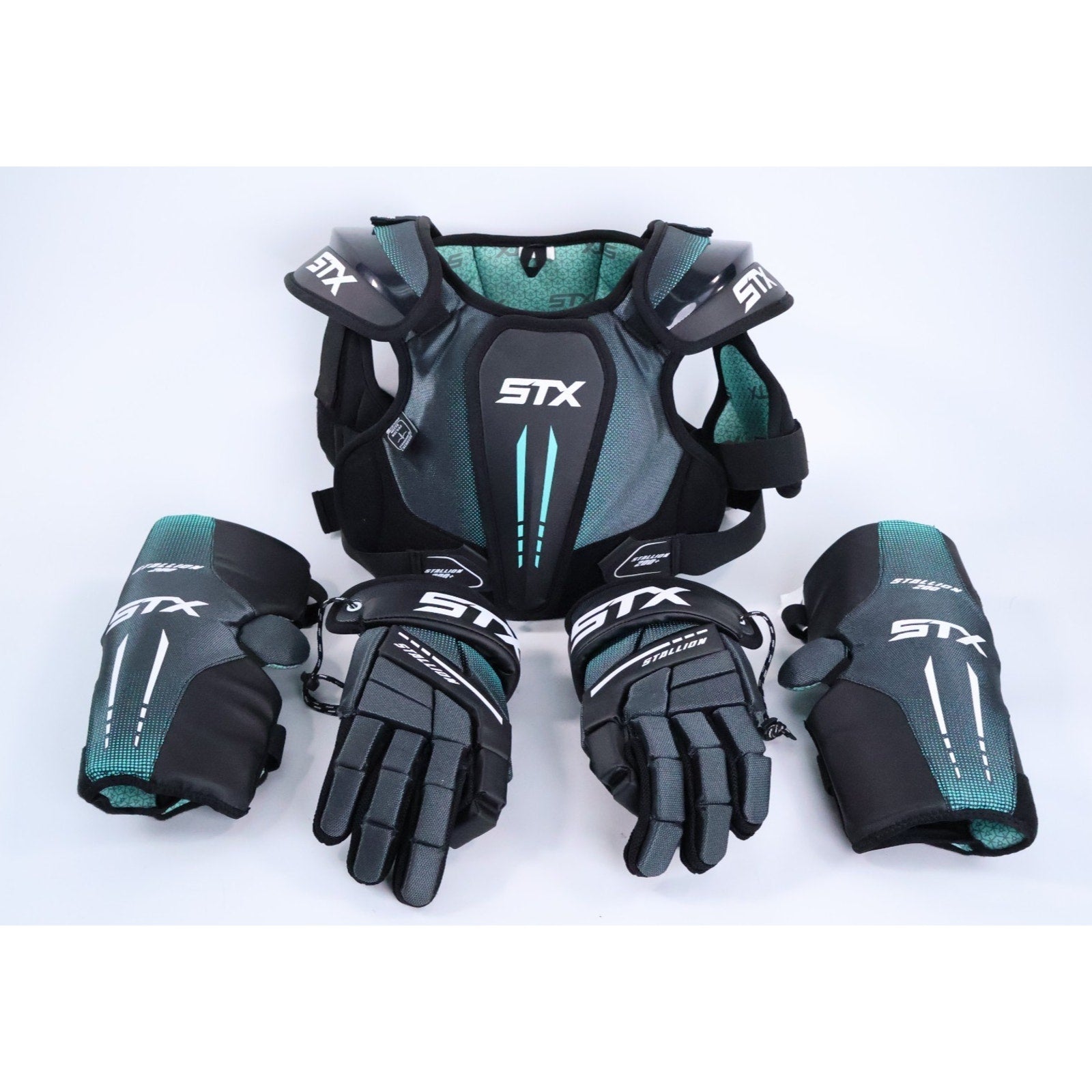 STX Stallion 200 Lacrosse Shoulder + ArmPads, Gloves Set Excellent Youth LG Read