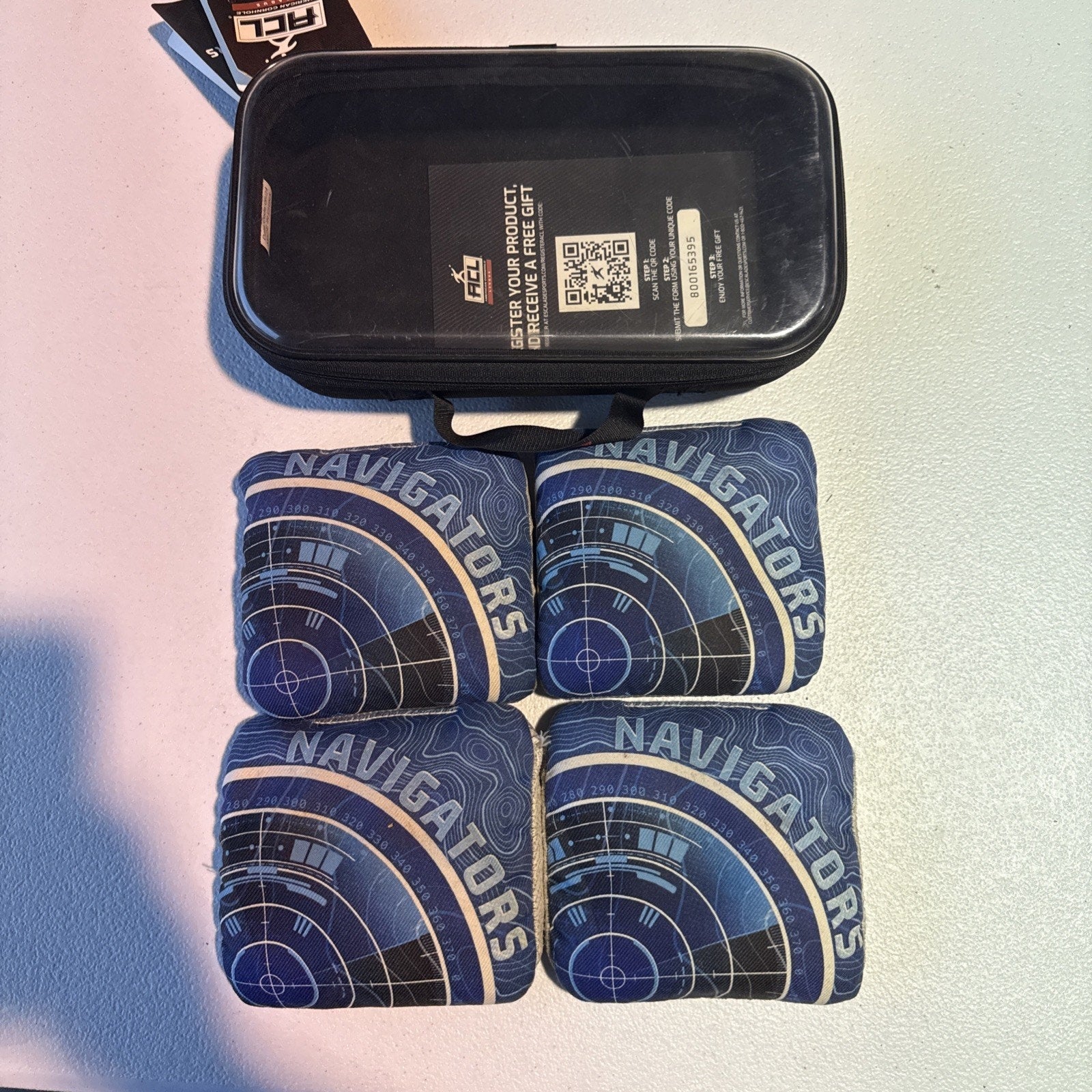 ACL COMP Blue Navigator Cornhole Bags. open box