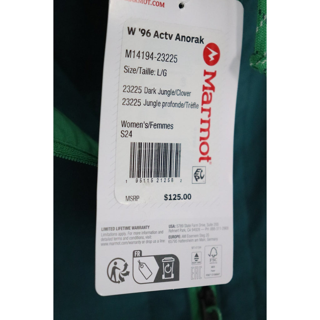 Marmot ‘96 Active Anorak Hooded Jacket Size L Green Water Resistant NWT $125