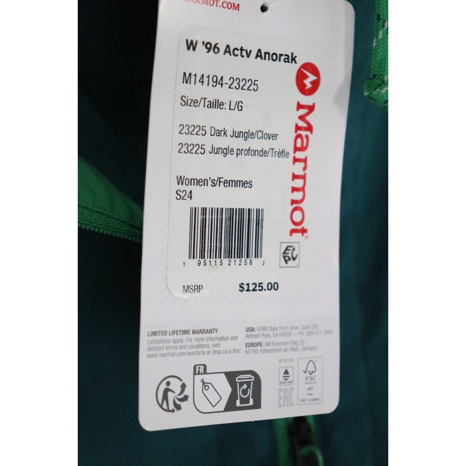 Marmot ‘96 Active Anorak Hooded Jacket Size L Green Water Resistant NWT $125