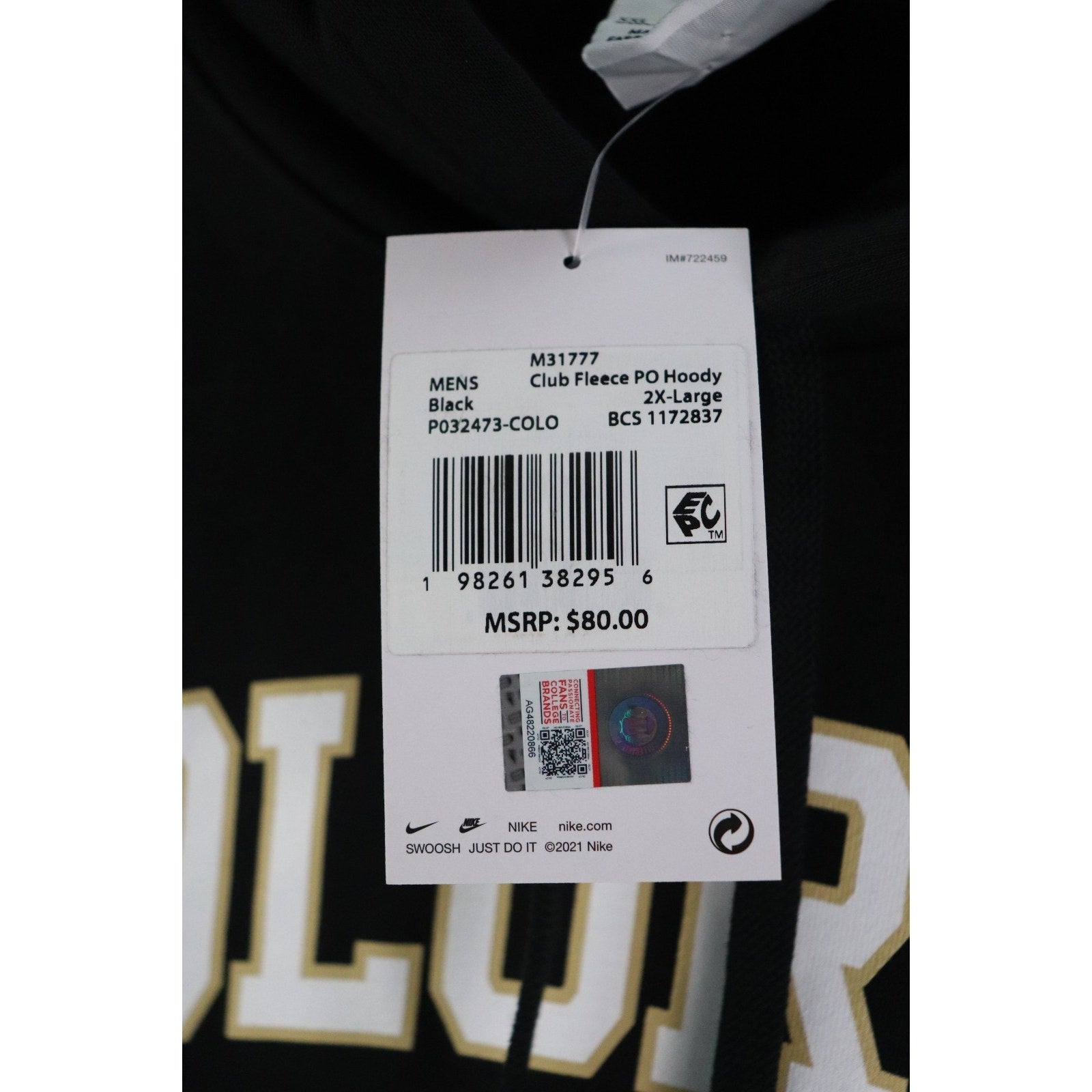 Nike Colorado Buffaloes Football Men’s 2XL Black Club Fleece Hoodie NWT