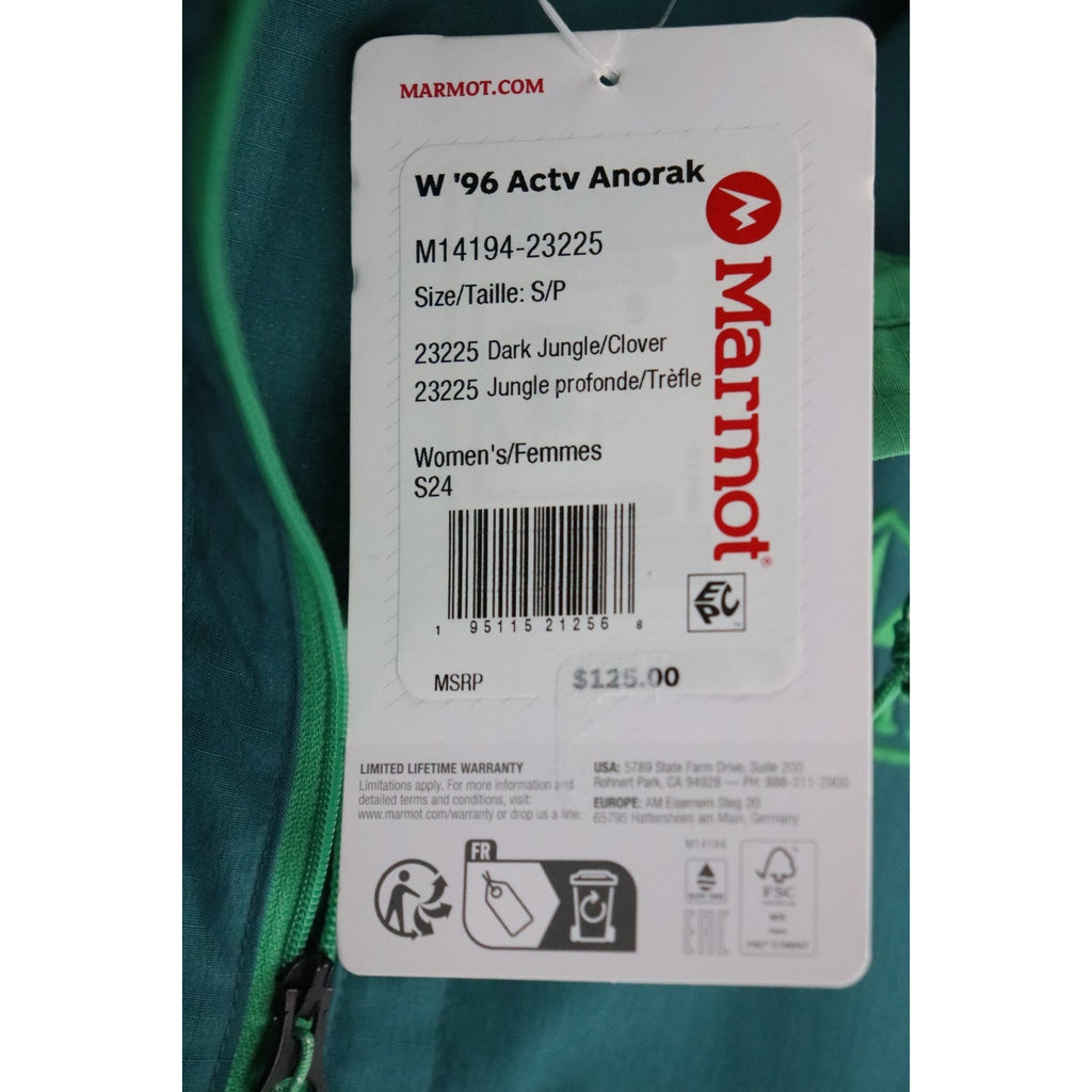 Marmot ‘96 Active Anorak Hooded Jacket Size S Green Water Resistant NWT $125
